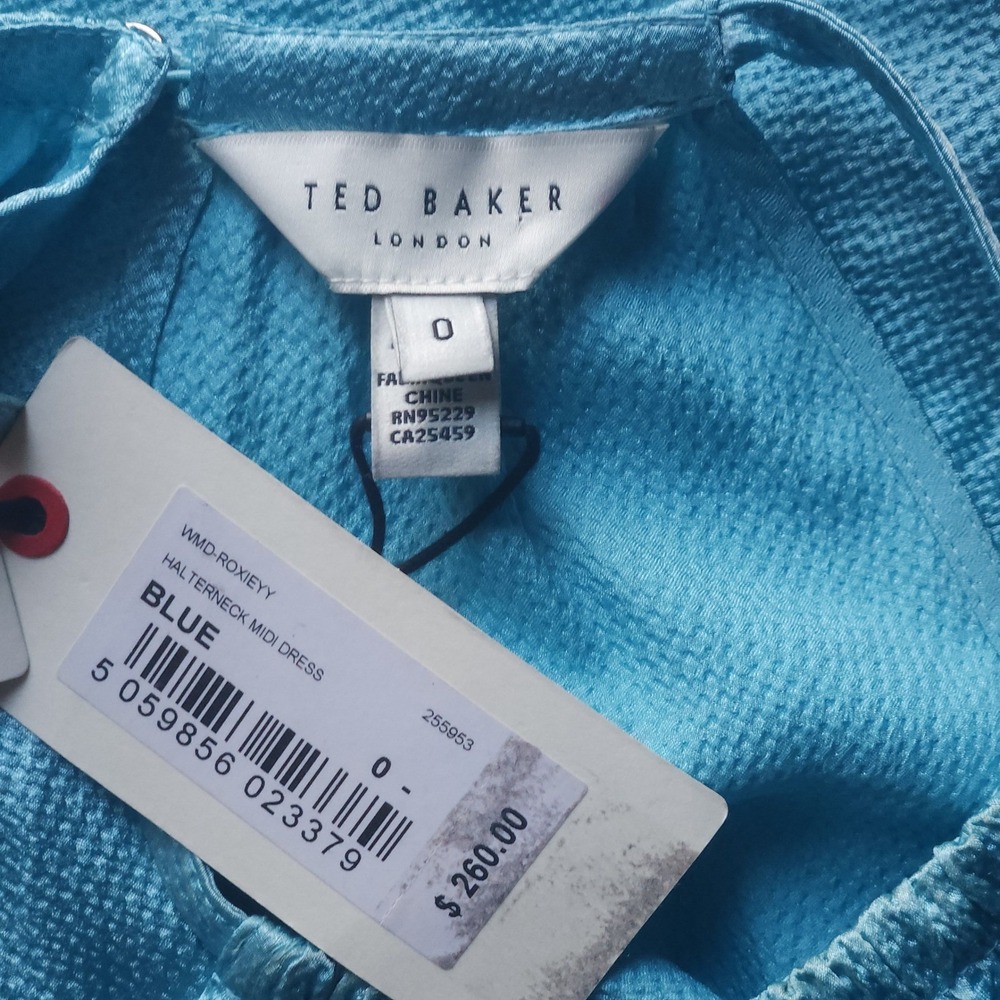 TED BAKER LONDON Roxieyy Halter Midi Dress Blue XSmall Hammered Satin NWT $260 - Picture 5 of 7